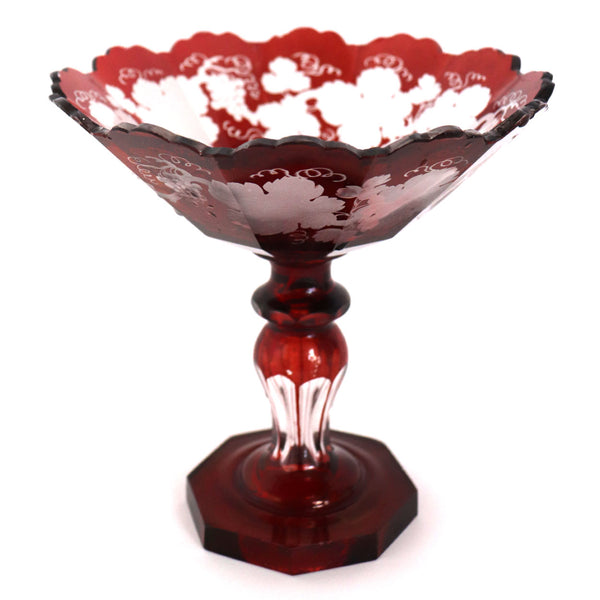 Small Bohemian Crystal Glass Flashed Ruby Red Grapevine Compote