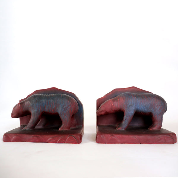 Pair of American Van Briggle Pottery Mulberry Bear Figural Bookends