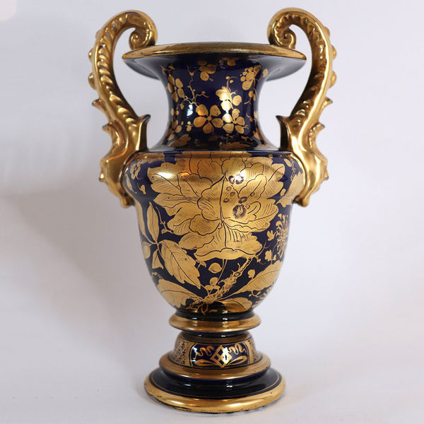 Small English Mason's Ironstone Mazarine Blue and Gilt Two-Handle Urn