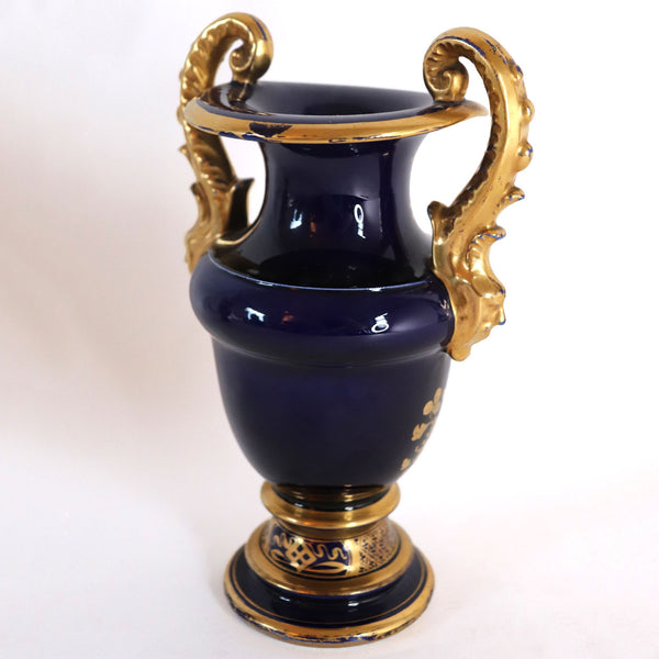 Small English Mason's Ironstone Mazarine Blue and Gilt Two-Handle Urn