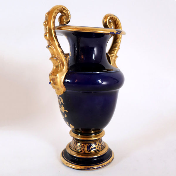 Small English Mason's Ironstone Mazarine Blue and Gilt Two-Handle Urn