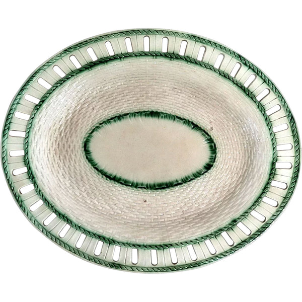 Rare English Leeds Pearlware Pottery Basketweave Oval Reticulated Platter