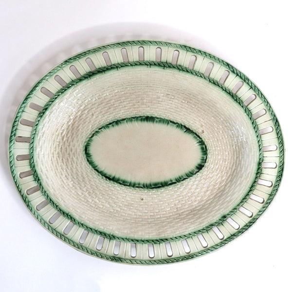 Rare English Leeds Pearlware Pottery Basketweave Oval Reticulated Platter