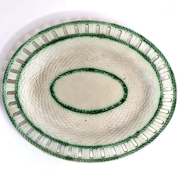 Rare English Leeds Pearlware Pottery Basketweave Oval Reticulated Platter