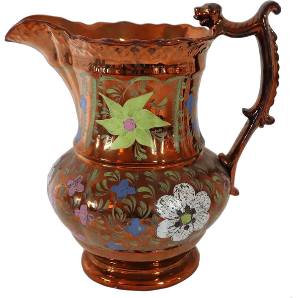 English Staffordshire Enamelled Copper Luster Dog-Handle Pitcher