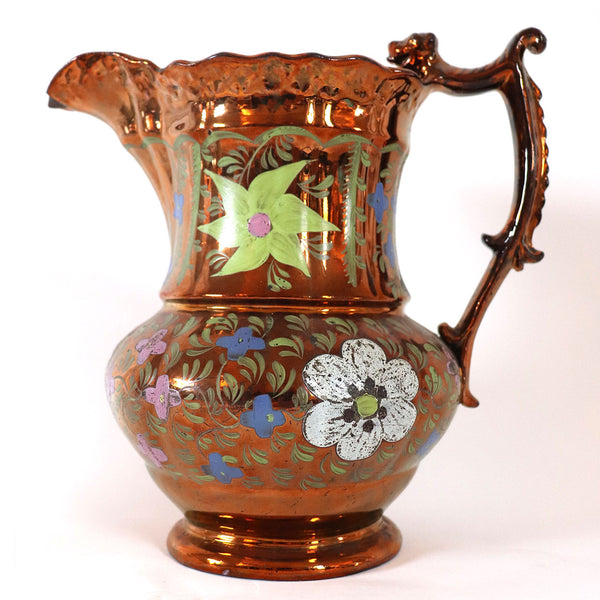 English Staffordshire Enamelled Copper Luster Dog-Handle Pitcher