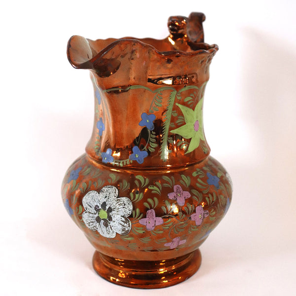 English Staffordshire Enamelled Copper Luster Dog-Handle Pitcher