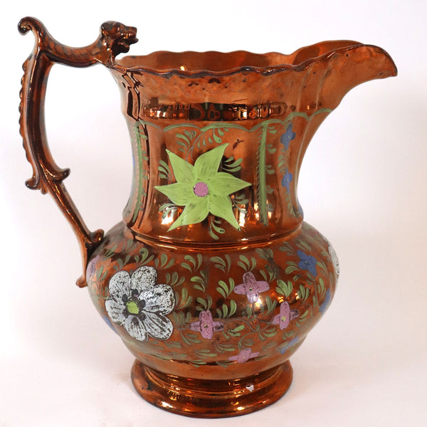 English Staffordshire Enamelled Copper Luster Dog-Handle Pitcher