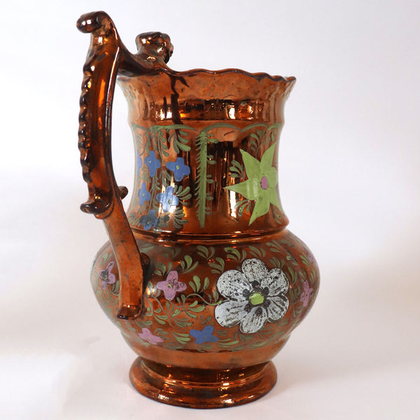 English Staffordshire Enamelled Copper Luster Dog-Handle Pitcher