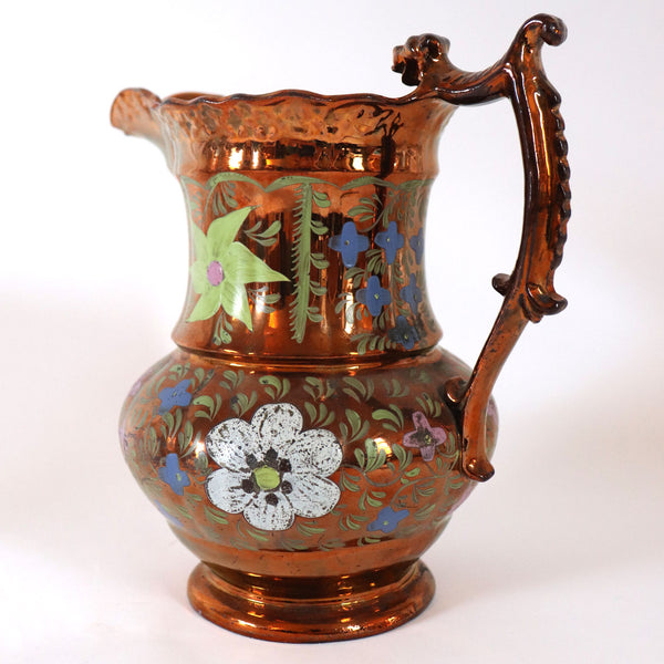 English Staffordshire Enamelled Copper Luster Dog-Handle Pitcher