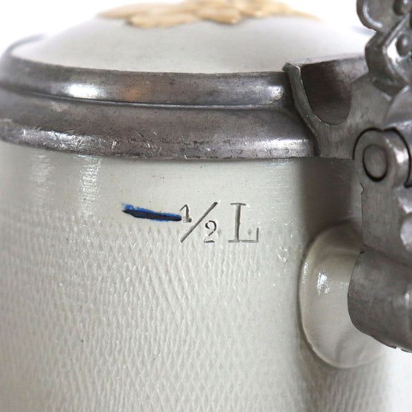 German Villeroy & Boch Mettlach Pewter Mounted Stoneware 1/2 L Beer Stein