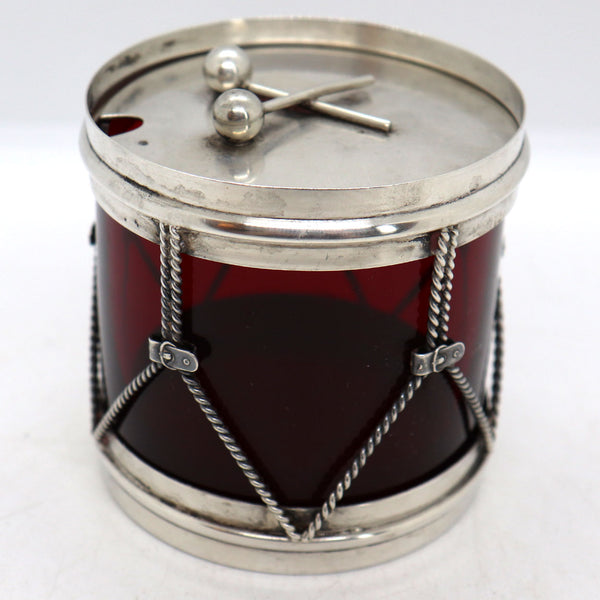 Vintage American R. Blackinton Sterling Silver and Ruby Red Glass Miniature Drum Jam Jar