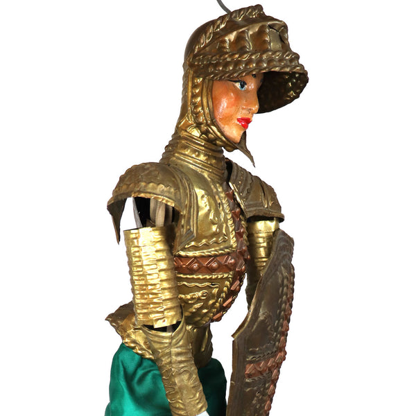 Italian Sicilian Stamped Brass, Green Fabric and Wood Knight Marionette