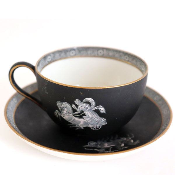 English Prattware Black Earthenware Pottery Old Greek Tea Cup and Saucer