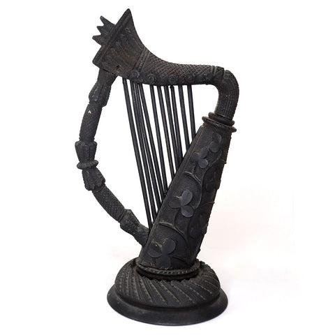 Irish Victorian Bog Oak Shamrock Harp Model