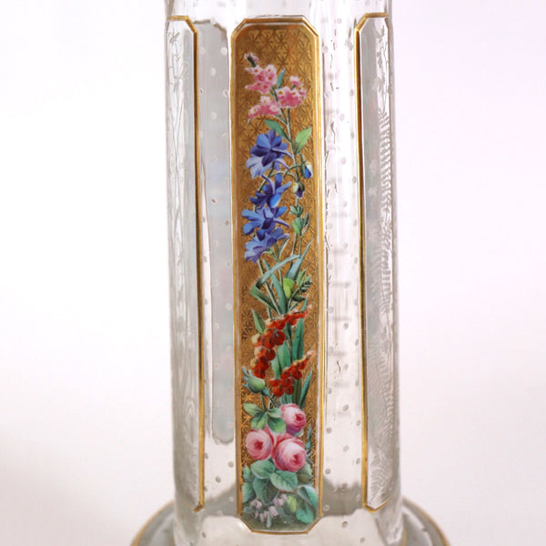 Large Bohemian Moser Floral Enamel, Gilt and Etched Glass Panelled Vase