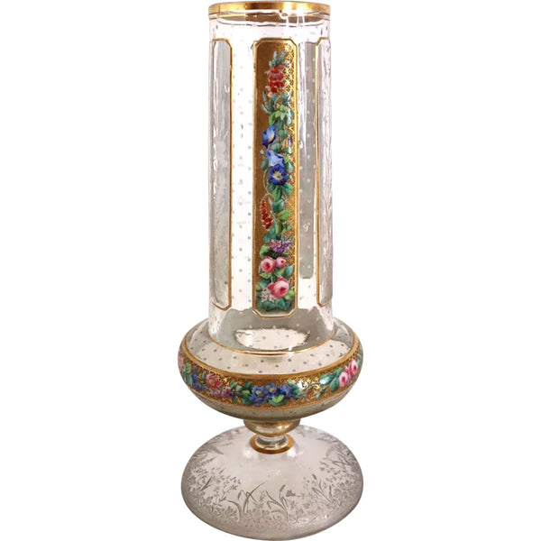 Large Bohemian Moser Floral Enamel, Gilt and Etched Glass Panelled Vase