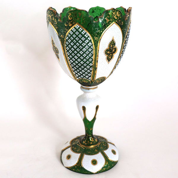 Bohemian Moser Enamel and Gilt Green Glass Goblet