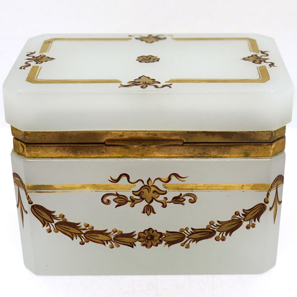 Vintage French Painted and Gilt White Opaline Glass Dresser Box