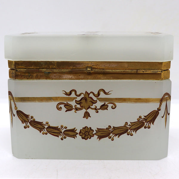 Vintage French Painted and Gilt White Opaline Glass Dresser Box