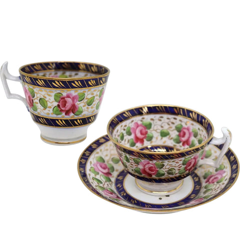 English New Hall Regency Porcelain Pattern 1865 Roses Cups and Saucer Trio Tea Set
