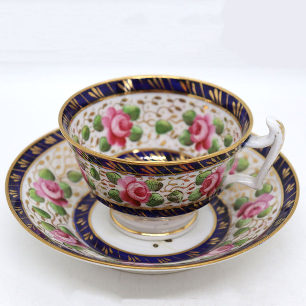 English New Hall Regency Porcelain Pattern 1865 Roses Cups and Saucer Trio Tea Set