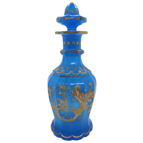 Bohemian Parcel Gilt and Blue Opaline Glass Decanter