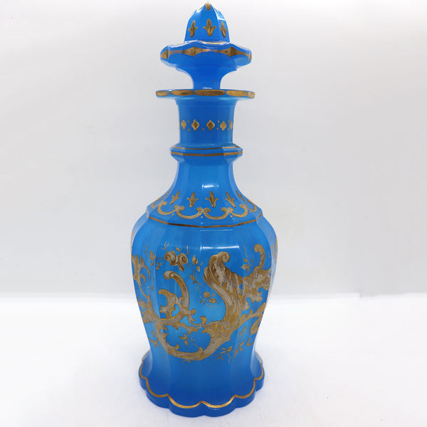 Bohemian Parcel Gilt and Blue Opaline Glass Decanter