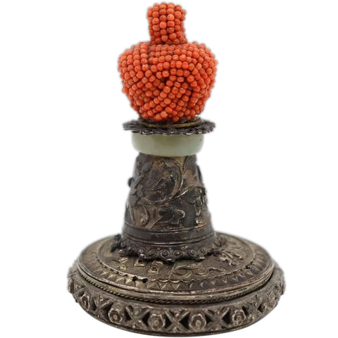 Chinese Qing Mandarin Coral Official's Hat Button on Silver and Jade Mount