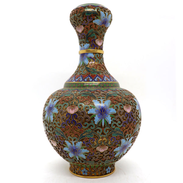Vintage Chinese Cloisonne Enamel and Brass Openwork Garlic-Head Vase