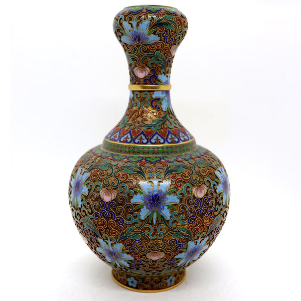 Vintage Chinese Cloisonne Enamel and Brass Openwork Garlic-Head Vase