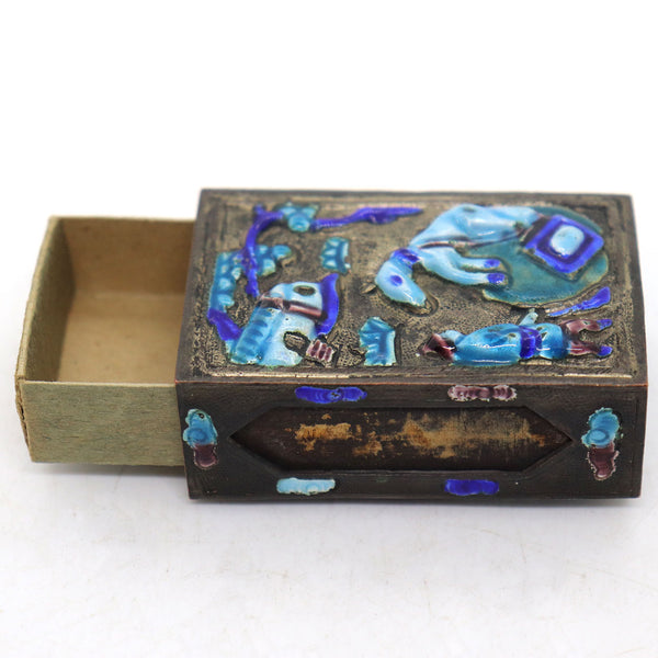 Vintage Chinese Silverplated Brass and Enamel Cigarette Box and Matchbox