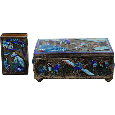 Vintage Chinese Silverplated Brass and Enamel Cigarette Box and Matchbox