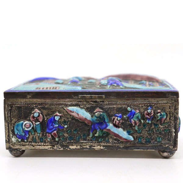 Vintage Chinese Silverplated Brass and Enamel Cigarette Box and Matchbox