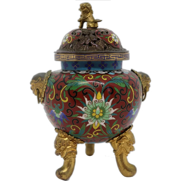Vintage Chinese Cloisonne Enamel Gilt Brass Incense Burner