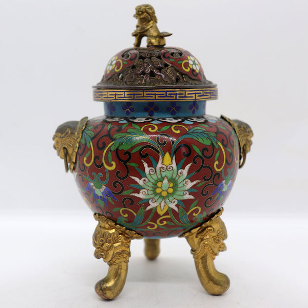 Vintage Chinese Cloisonne Enamel Gilt Brass Incense Burner