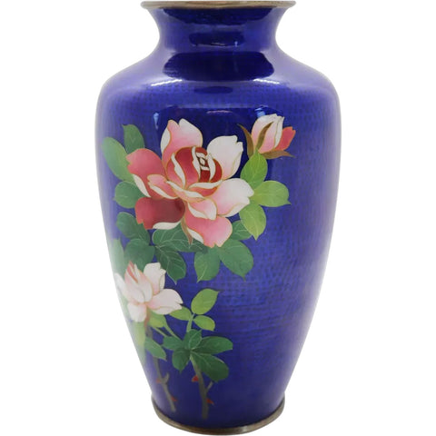 Japanese Cloisonne Enamel Ginbari Foil Cobalt Roses Baluster Vase