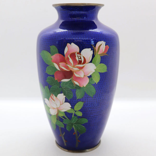 Japanese Cloisonne Enamel Ginbari Foil Cobalt Roses Baluster Vase