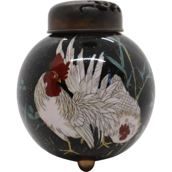 Japanese Meiji Cloisonne Enamel, Goldstone and Wooden Roosters Koro Jar