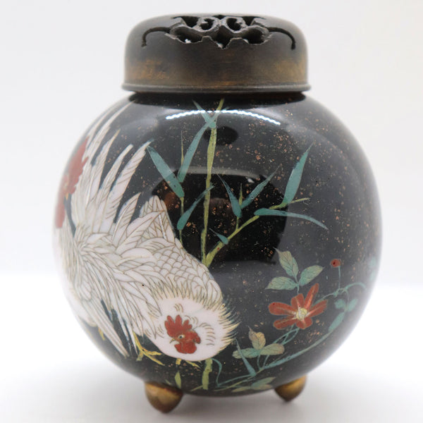 Japanese Meiji Cloisonne Enamel, Goldstone and Wooden Roosters Koro Jar