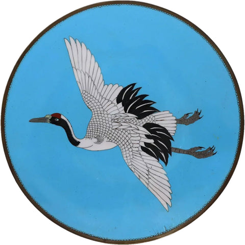 Japanese Meiji Cloisonné Enamel on Metal Red-Crowned Crane Plate