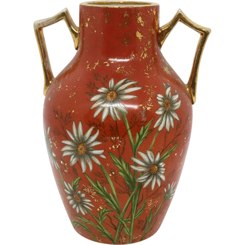 Small American Aesthetic Movement Gilt Pottery Red Daisy Two-Handle Vase