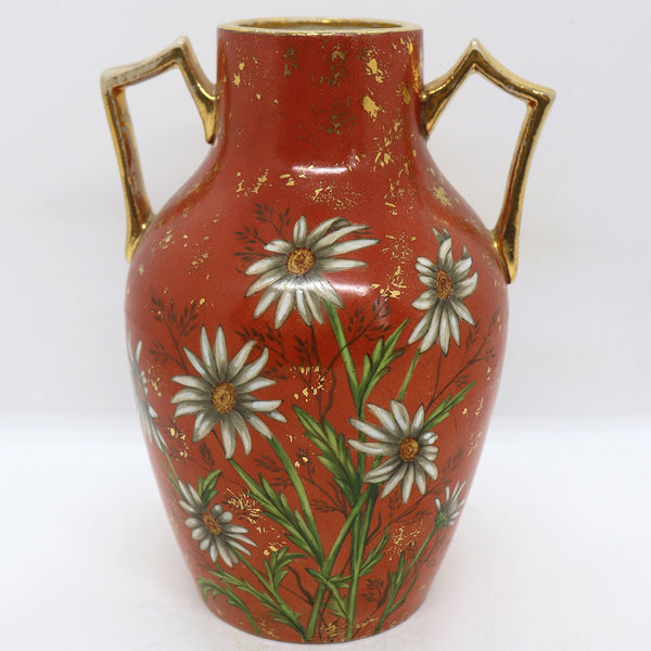 Small American Aesthetic Movement Gilt Pottery Red Daisy Two-Handle Vase