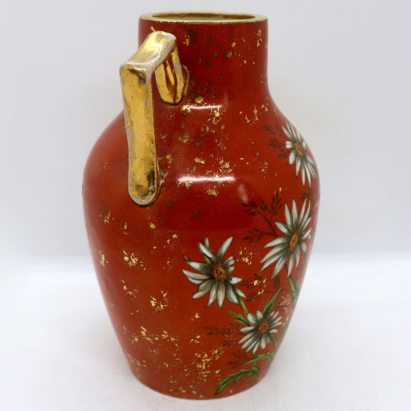 Small American Aesthetic Movement Gilt Pottery Red Daisy Two-Handle Vase