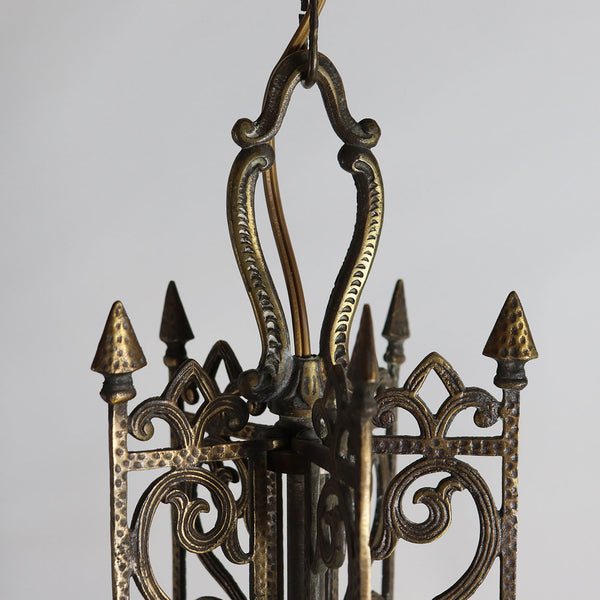 Vintage American Spanish Revival Hammered Brass Pendant Five-Light Chandelier