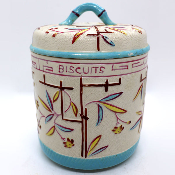 English Brownhills Aesthetic Movement Stoneware Pottery Biscuit Barrel
