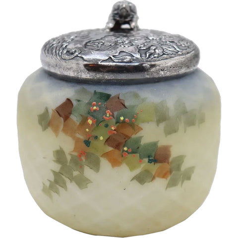 American Mount Washington Painted Satin Glass and Silverplate Vanity Jar