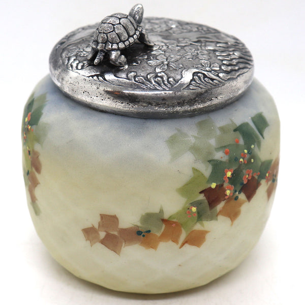 American Mount Washington Painted Satin Glass and Silverplate Vanity Jar