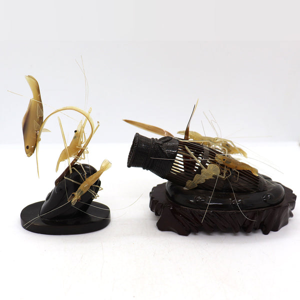 Collection of Two Vintage Chinese Carved Horn Baishi Shrimp and Fish Sculptures