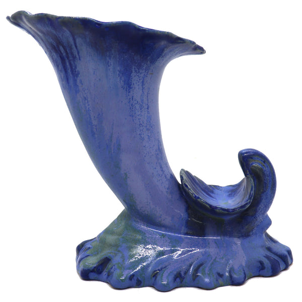 Pair of American Fulper Pottery Blue Flambe Crystalline Cornucopia Vases